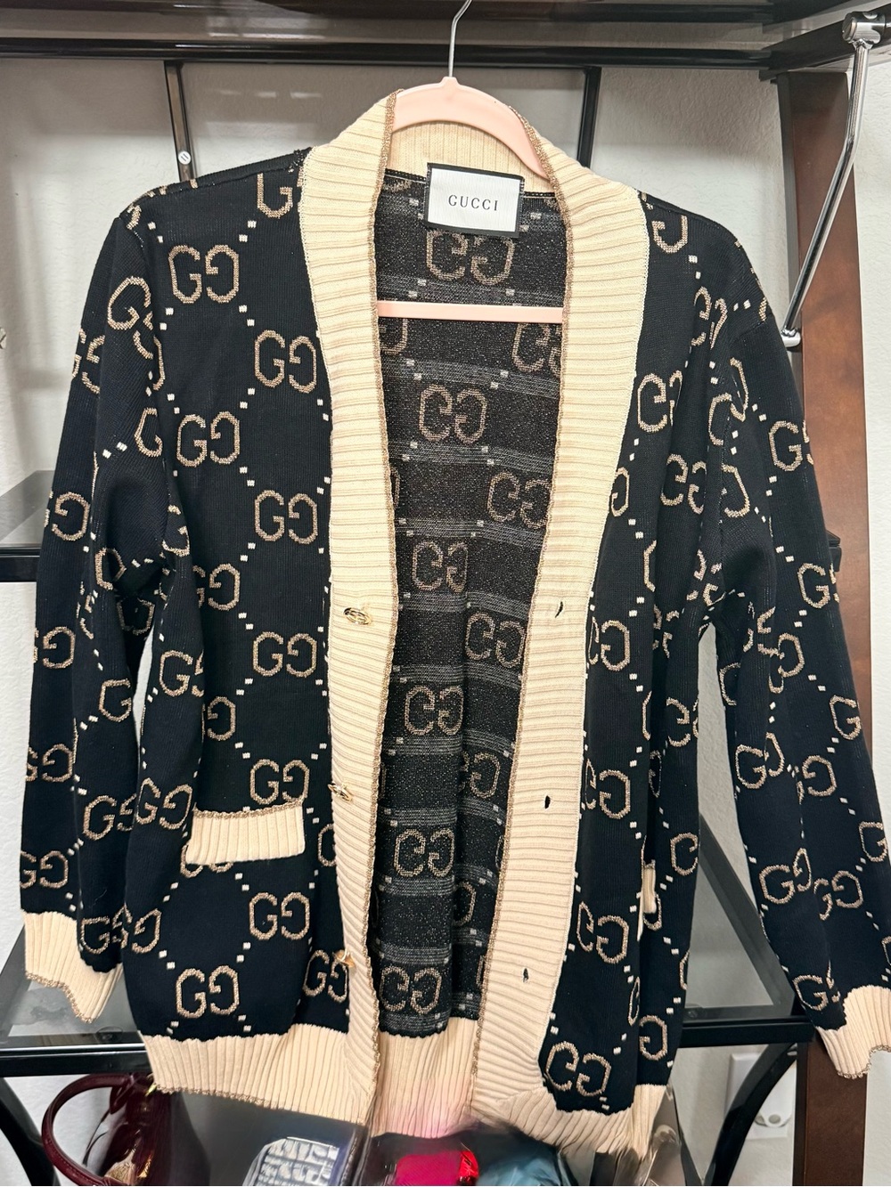 Gucci Black & Cream GG Jacquard Knit Blazer Cardigan